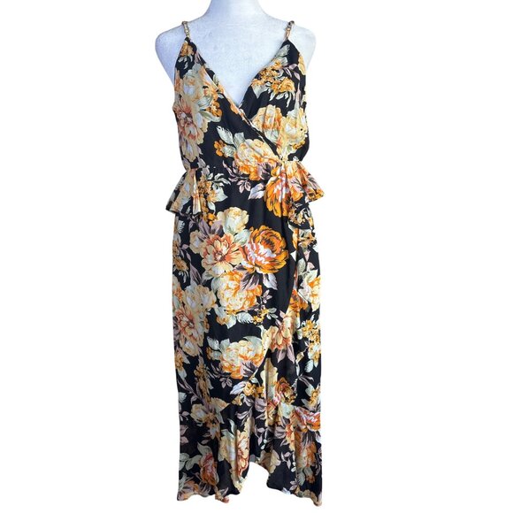 BARDOT Dress Black Hi-lo Hem Spaghetti Strap Midi Party Faux Wrap Flounce Small - Picture 1 of 13